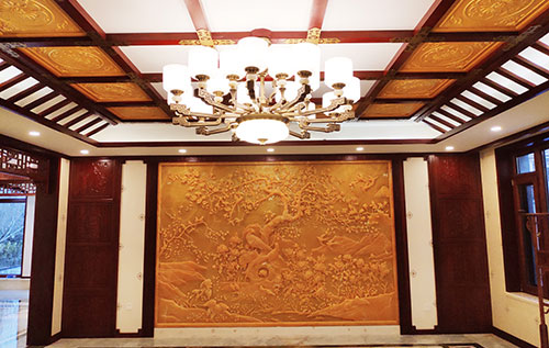 中卫中式别墅客厅中式木作横梁吊顶装饰展示